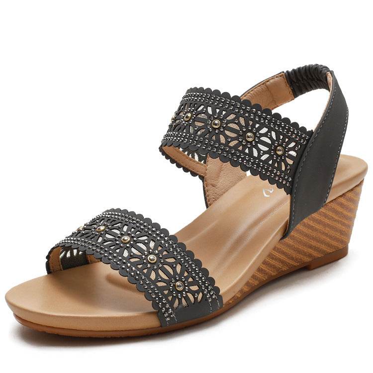 Flower Hollow Out Sandals With Rhinestones Wedges Shoes Women - Mubimart