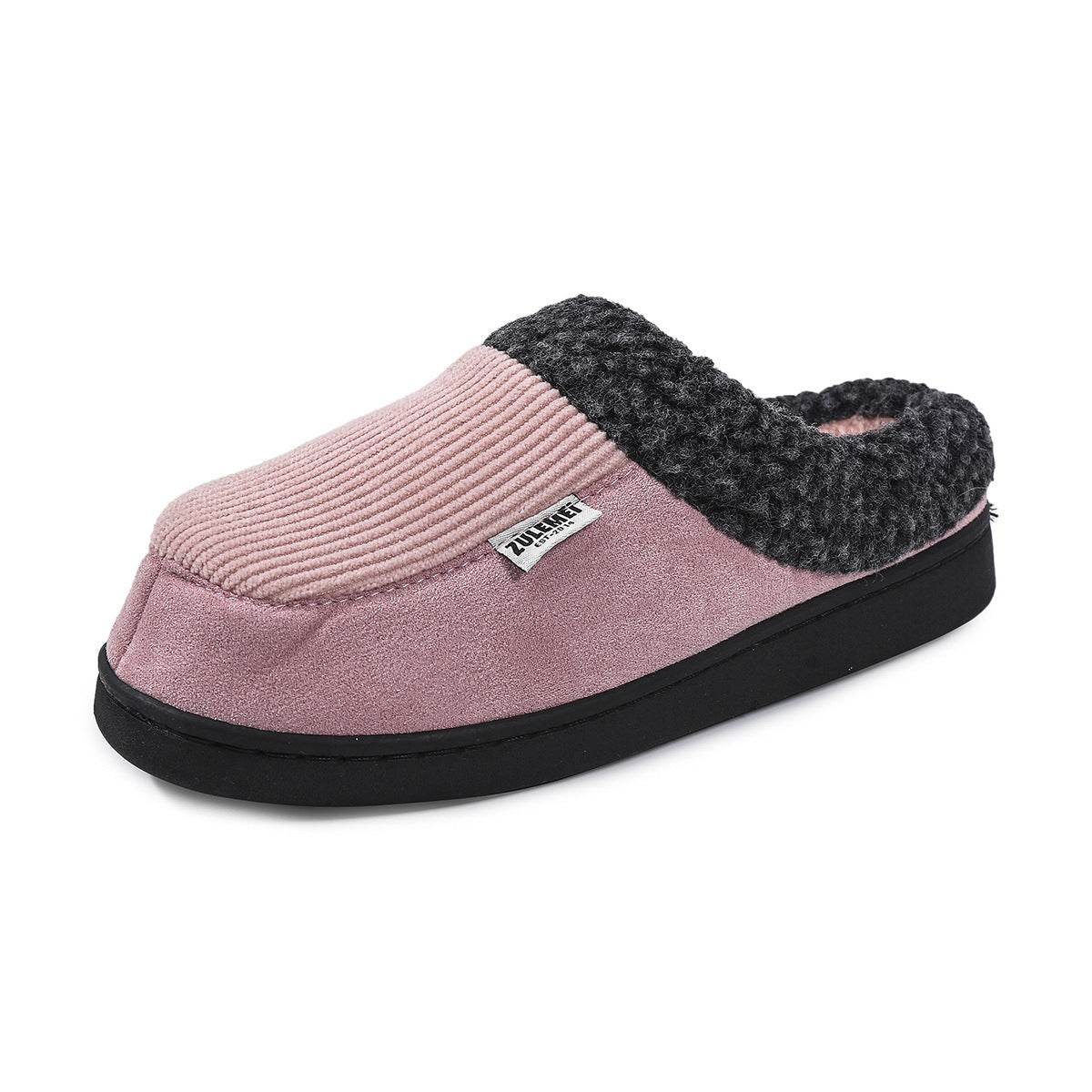 Fashion Solid Striped Cotton Slippers Winter Warm Indoor Bedroom Floor Slipper For Couples Non-slip Thick Sole House Shoes - Mubimart