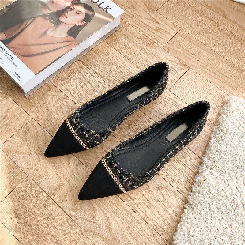 Women's Pointed Toe Flat Shallow Chain Flat Shoes - Mubimart