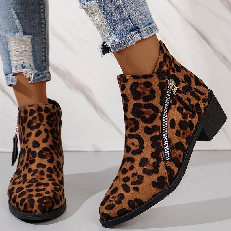 Women's Suede Rubber Cloth Fashion Boots Chunky Heel Booties - Mubimart