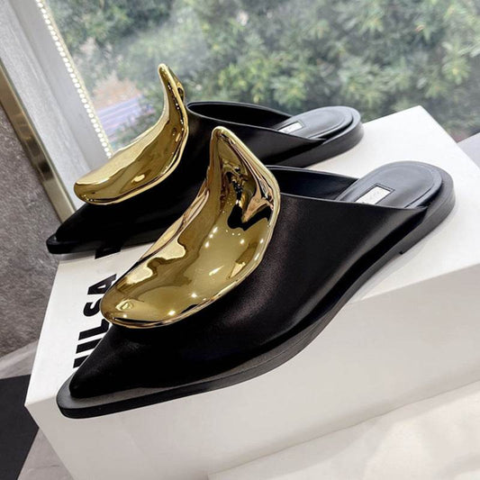 French Style Pointed Toe Kitten Heel Muller Closed-toe Slippers Metal Decoration - Mubimart