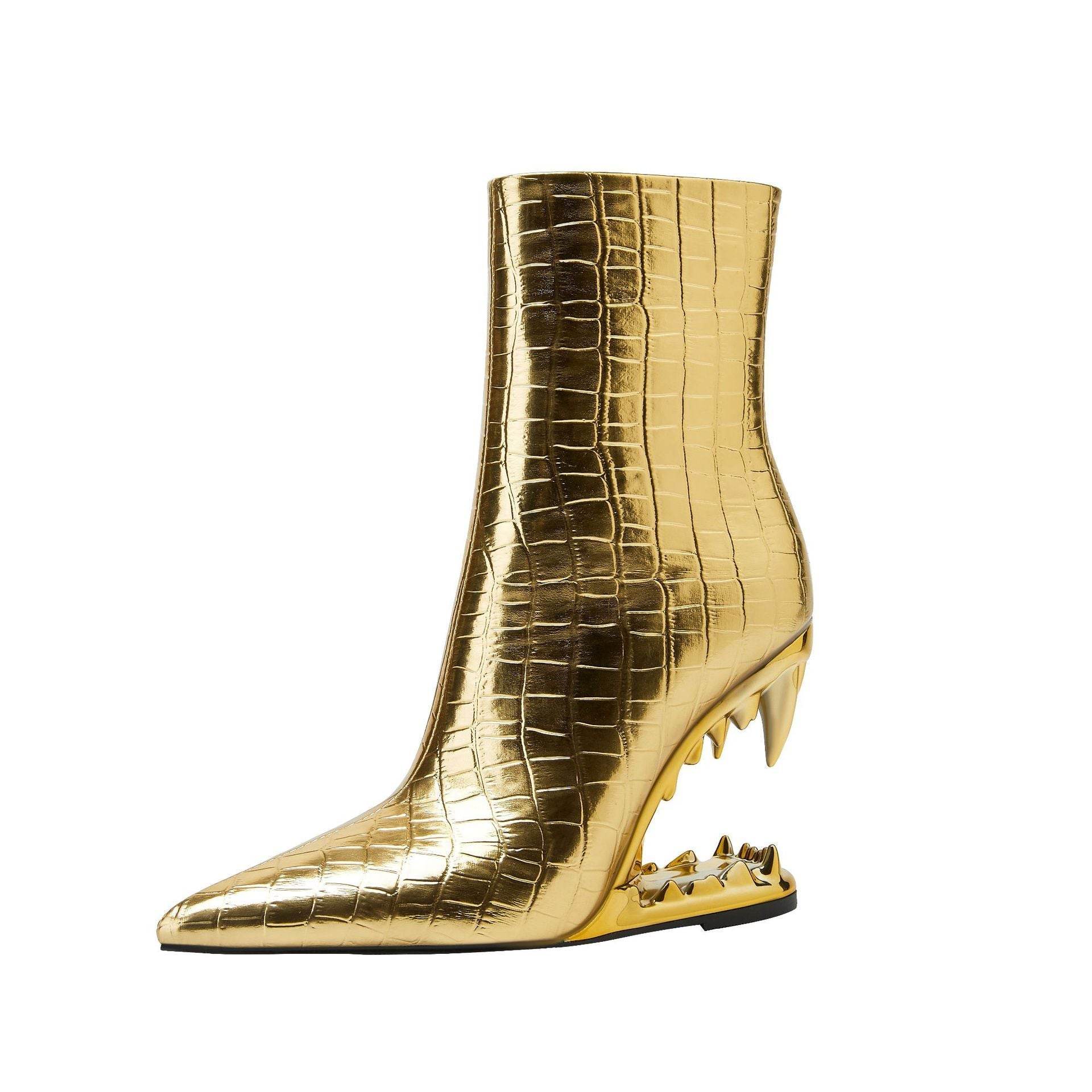 Female Pointed Tiger Tooth Heel Stone Pattern Shaped Wedge Heels - Mubimart