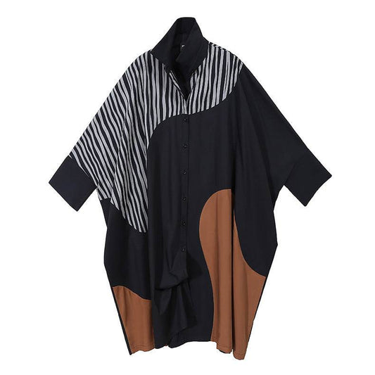 Autumn Single-breasted Shirt Dress Contrast Color Idle Style Loose Plus Size Women - Mubimart