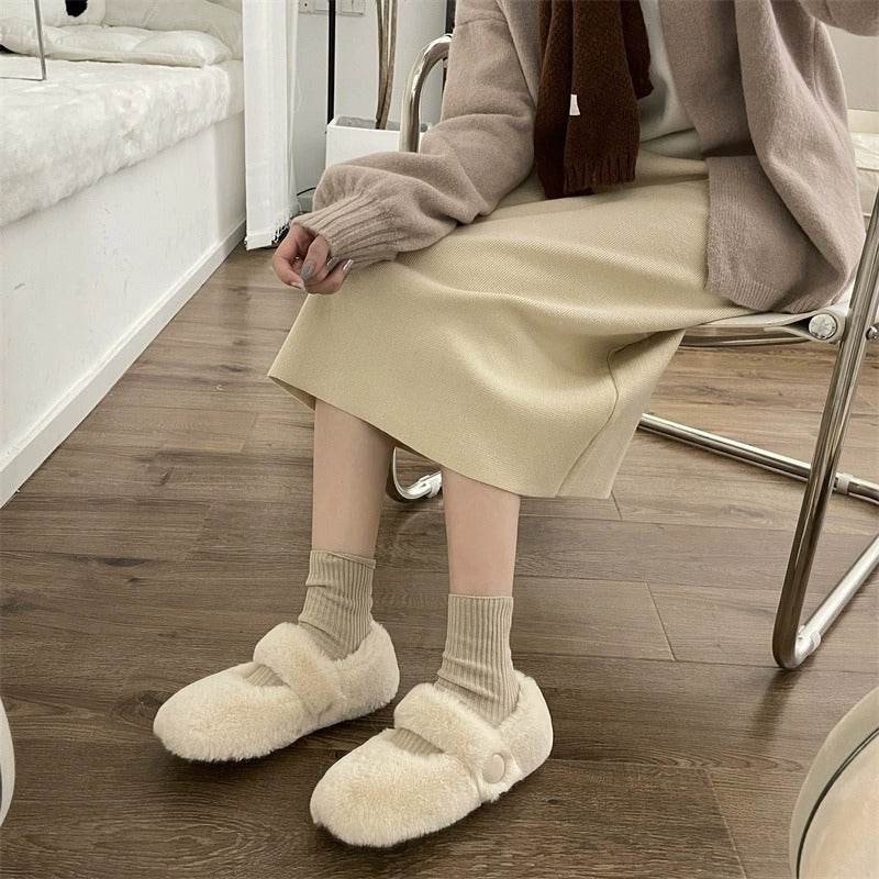 Mary Jane Fluffy Shoes Women's Winter Outerwear Flats - Mubimart
