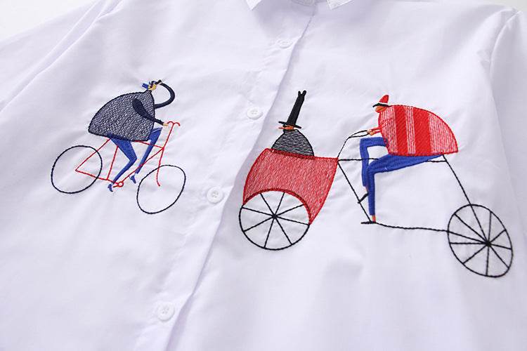 Button-down Collar Long-sleeved Cotton Shirt Embroidery - Mubimart