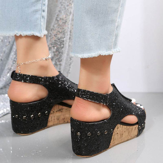 Summer Chunky Wedges Sandals Fashion Sequins Velcro Shoes Women - Mubimart