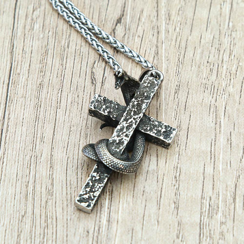 Mens Fashion Vintage Solid Three-dimensional Cobra Cross Pendant Necklace - Mubimart