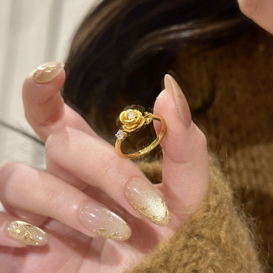 Gold Brushed Rose Shiny Diamond Ring Women's All-match High Sense Retro Affordable Luxury