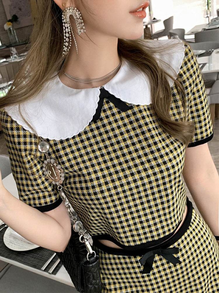 Doll Collar Plaid Crop Top Women High Waist Skirt - Mubimart