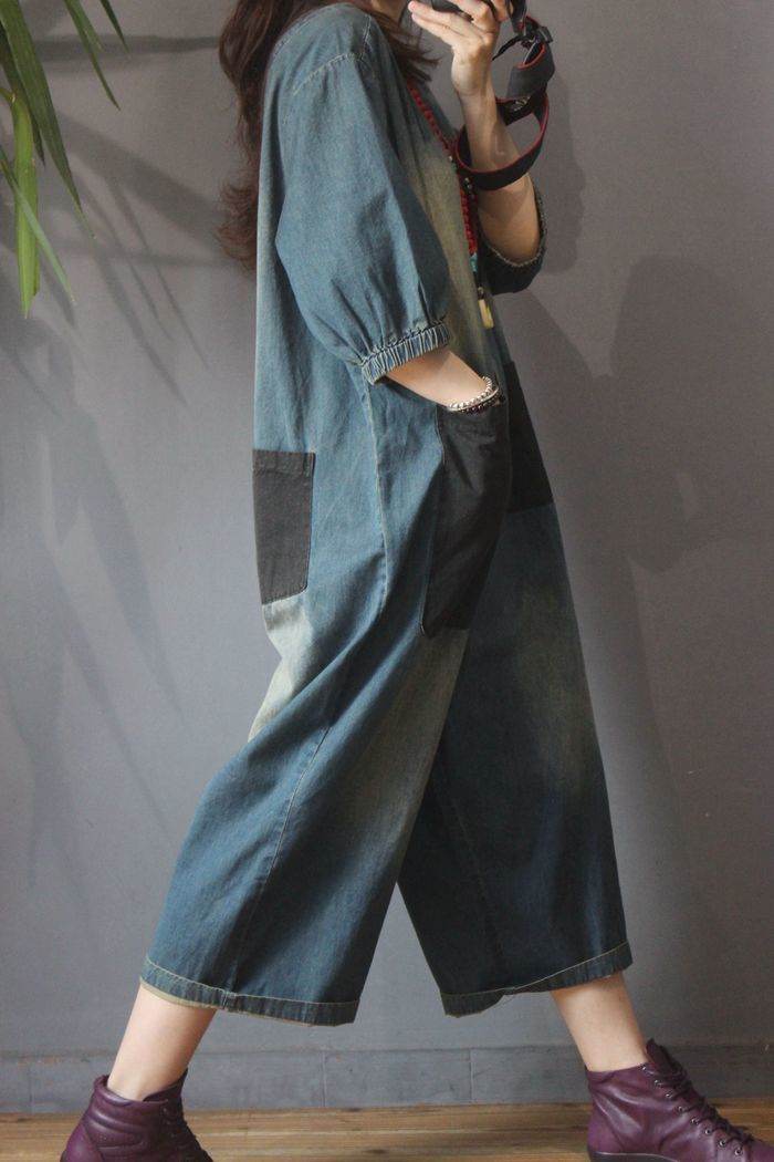 Retro Personality Plus Size Patch Large Pocket Jumpsuit - Mubimart
