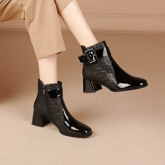 Women's Flat Pointed Toe Ankle Chunky Heel Boots - Mubimart