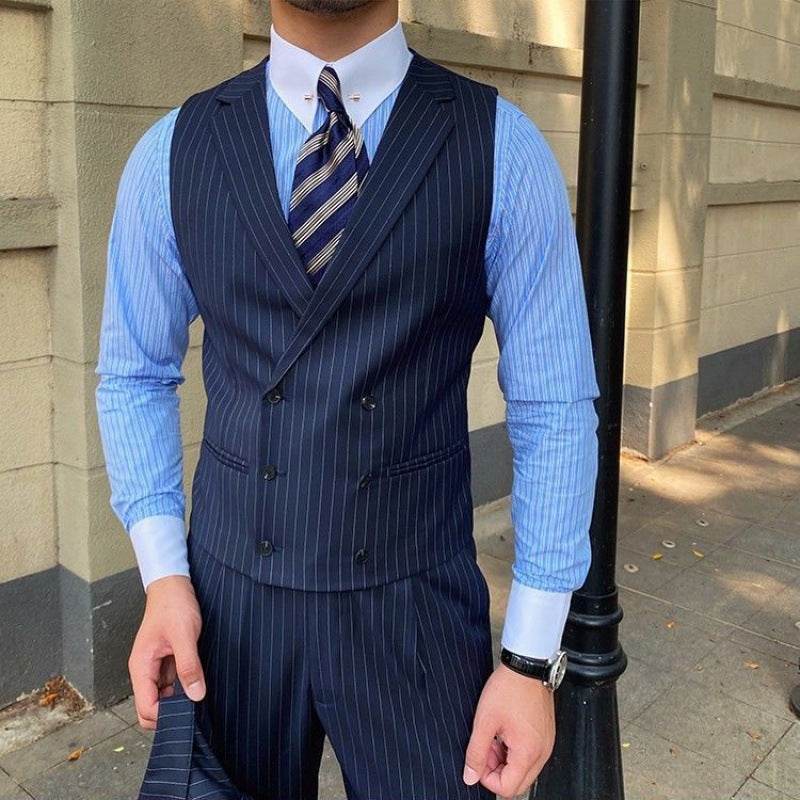 Men's Striped Suit Vest Italian Style Neapolitan Double Breasted Lapel Vest - Mubimart