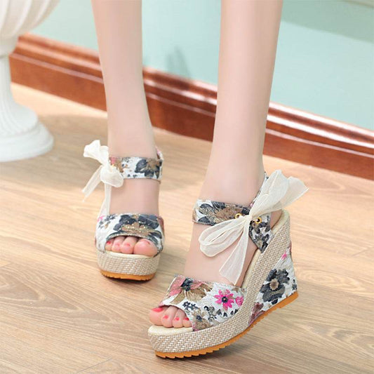 Sandals Women Wedge Heel Lace Lace High Heel Women Shoes - Mubimart
