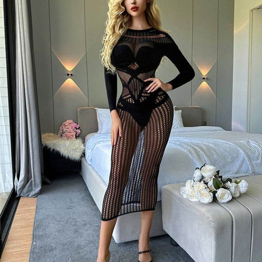 Sexy Lingerie Nightdress Super Plus Size Long Sleeve Transparent Cutout - Mubimart