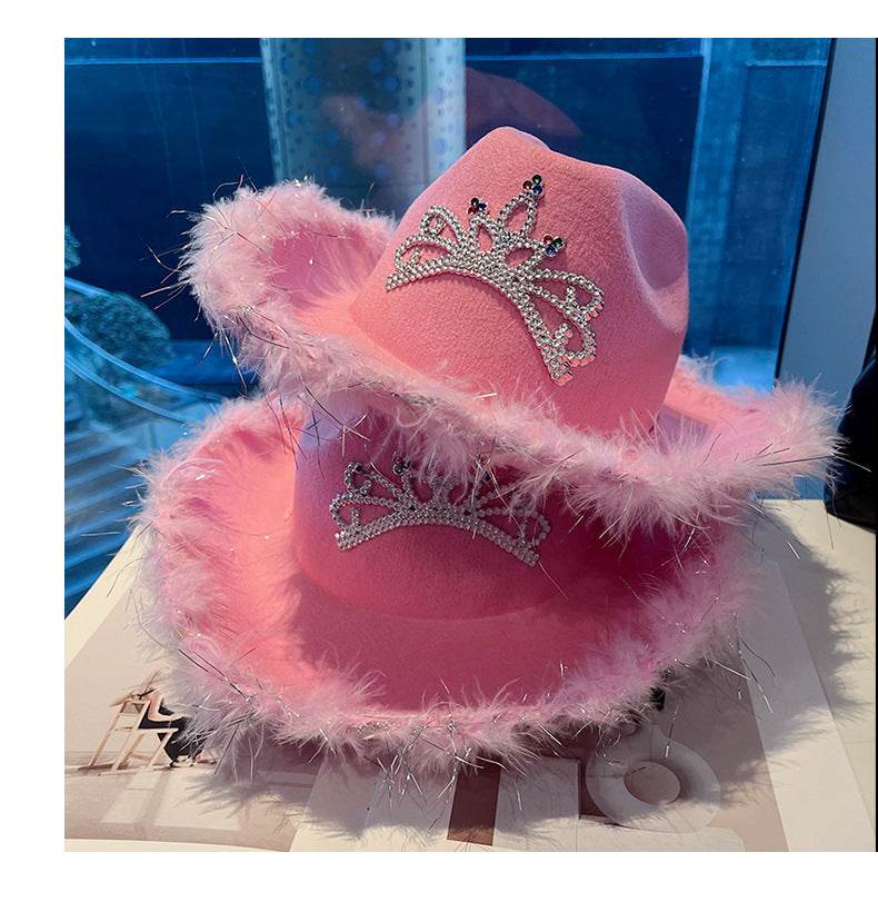 Western Denim Big Brim Sun-proof Rhinestone Crown Fedora Hat - Mubimart