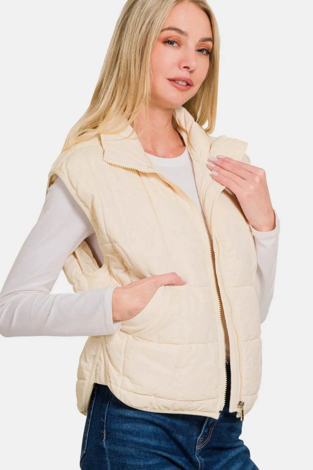 Zenana Zip Up Cropped Puffer Vest With Pockets - Mubimart