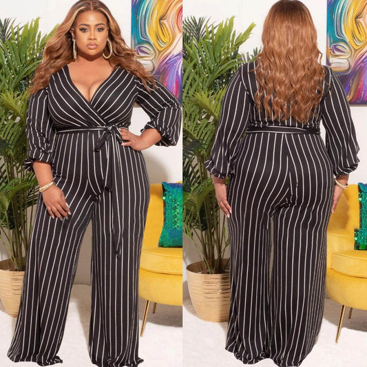 Women's Placement Print Striped Plus Size V-Neck Jumpsuit - Mubimart