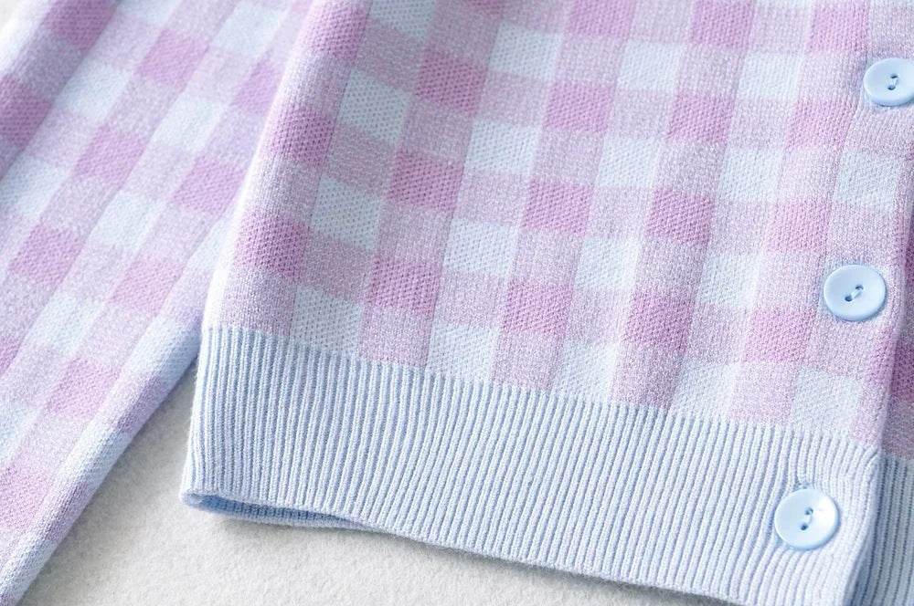 Women Crew Neck Plaid Knit Cardigan Crop Top - Mubimart