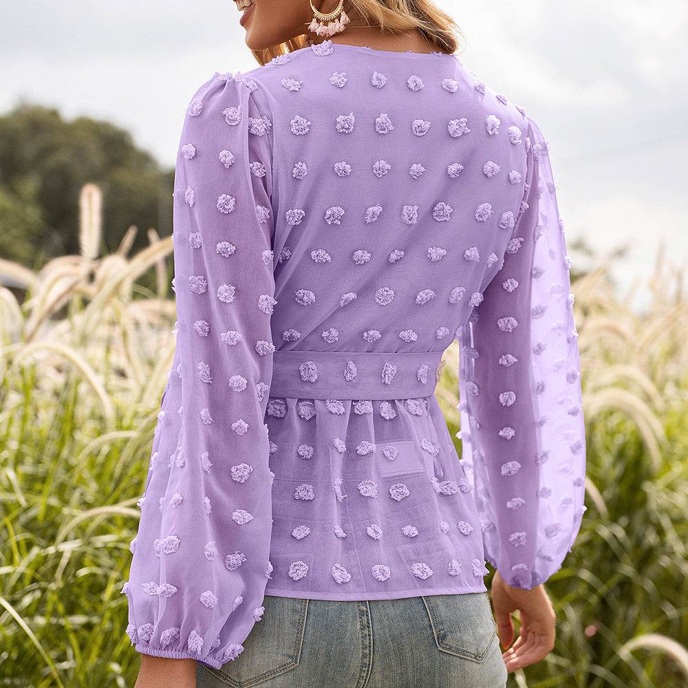 Jacquard Lace V-neck Long-sleeved Blouse Women - Mubimart