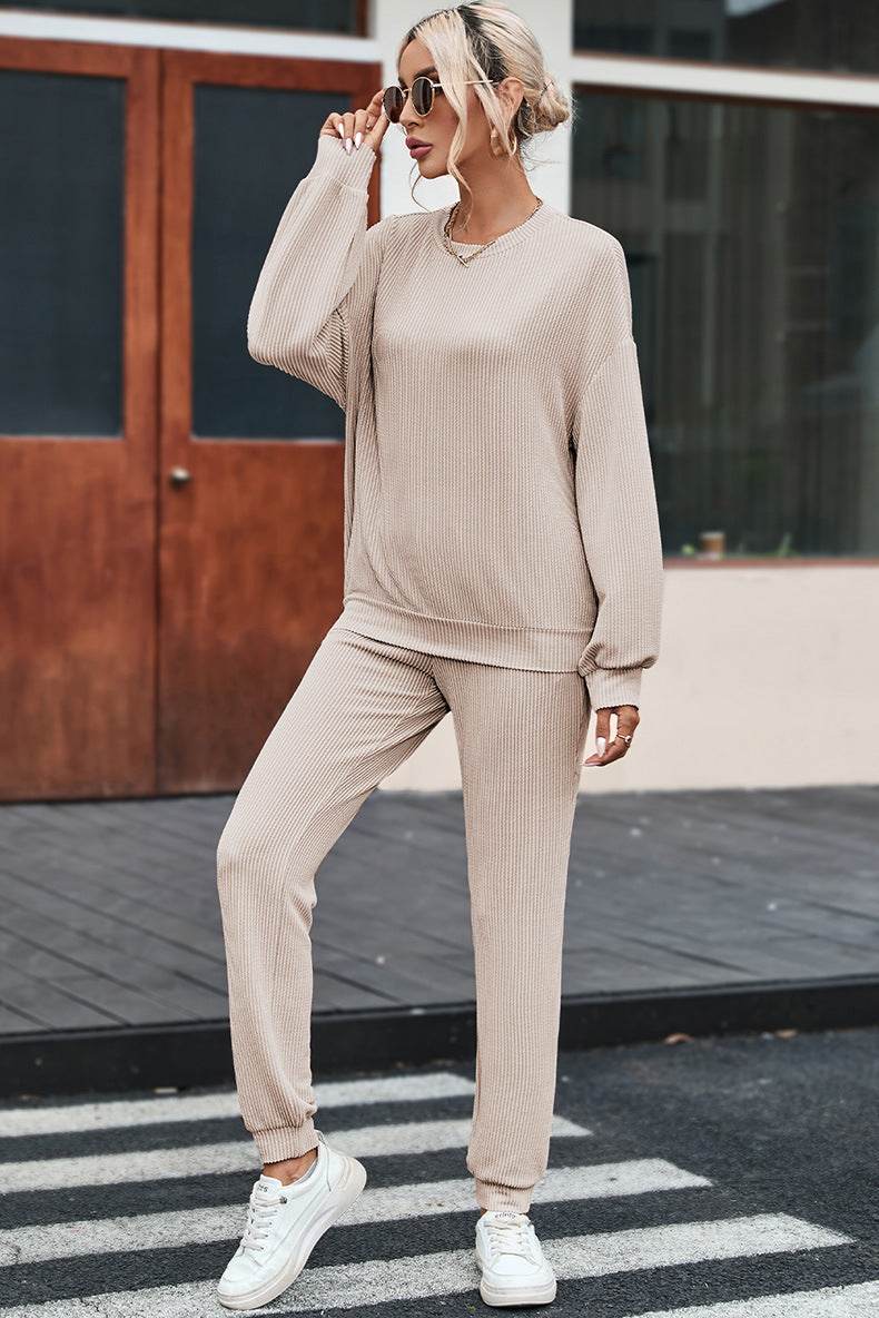 Solid Color Long-sleeved Trousers Loungewear Suit Casual Suit For Women - Mubimart