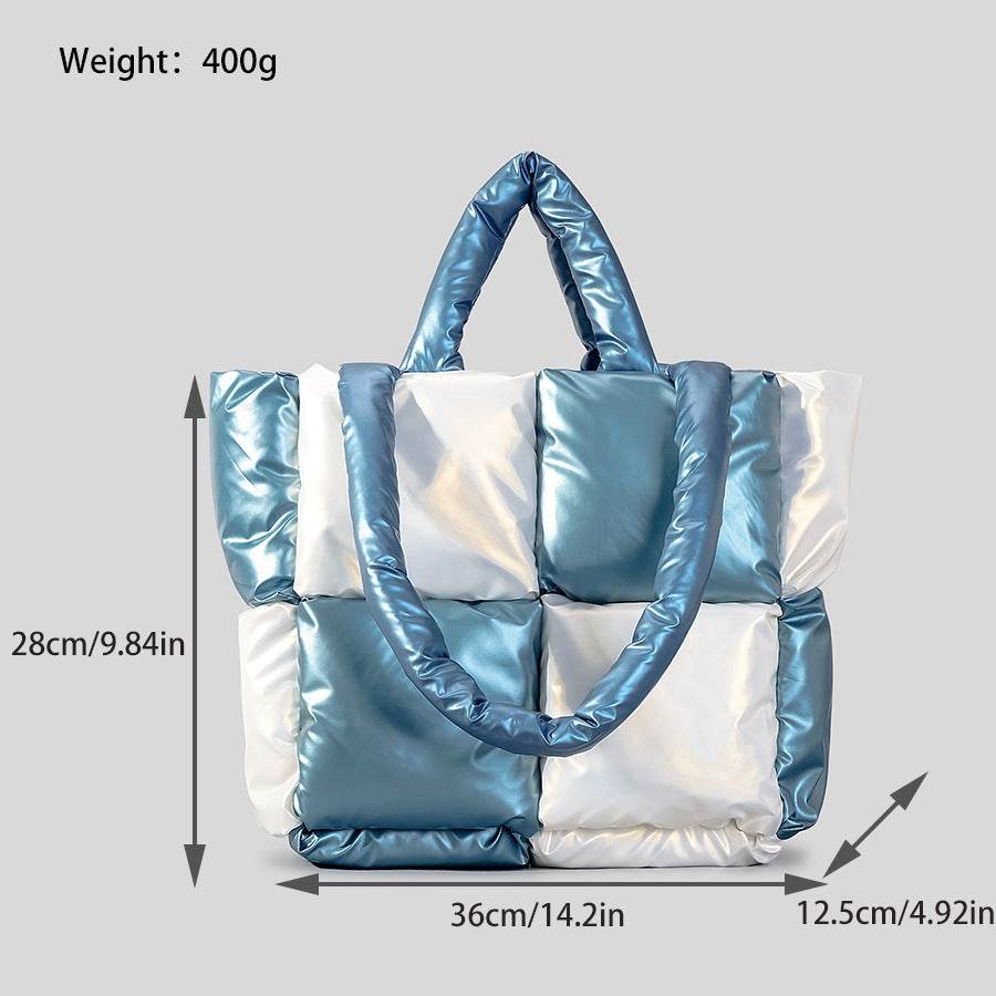 Women Handbags Winter Color Matching Down Cotton-padded Coat Tote Bag Soft Plaid Shoulder Bags - Mubimart