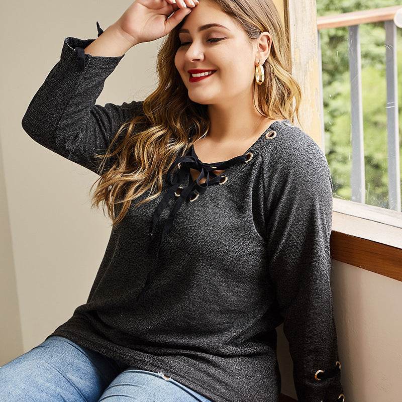 Round Neck T-shirt Plus Fat Plus Size Knitted Top - Mubimart