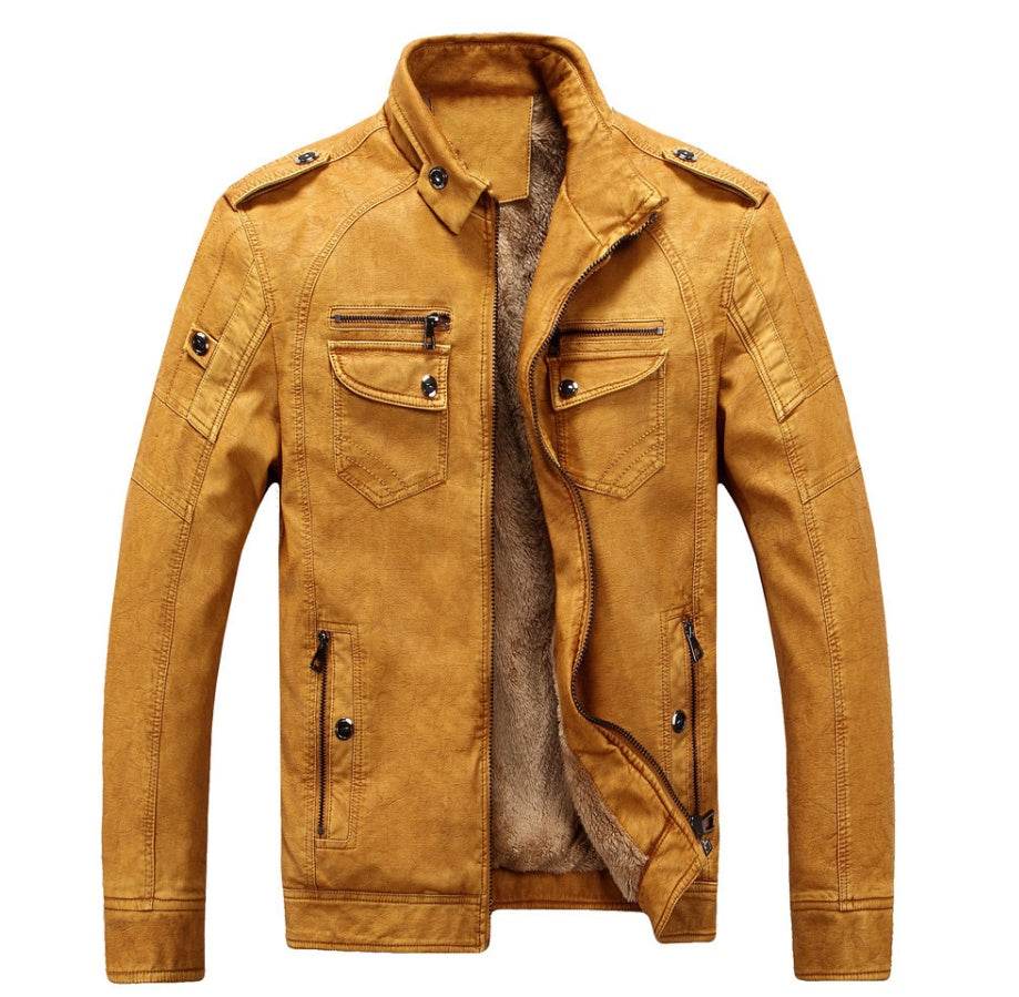 Leather Jacket Plus Velvet Washed Retro Leather Jacket - Mubimart