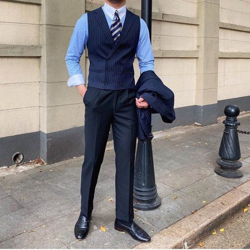 Men's Striped Suit Vest Italian Style Neapolitan Double Breasted Lapel Vest - Mubimart