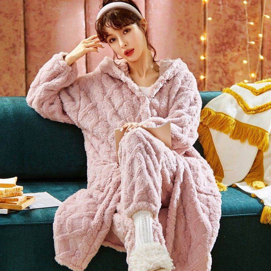 Long Flannel Robe Bathrobe Loungewear Set - Mubimart