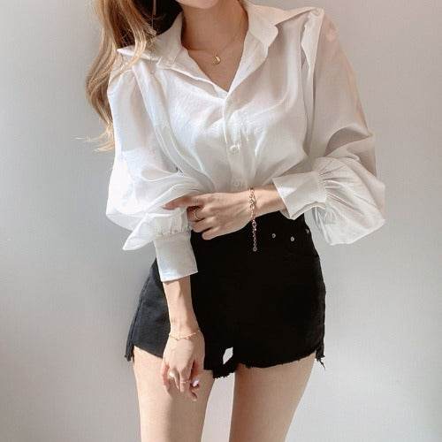Lapel Single-breasted Loose Casual Lantern Sleeve Shirt Blouse Women - Mubimart