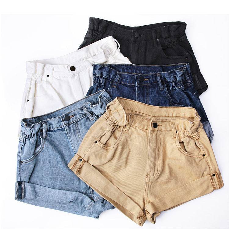 Fashion Five-color Elastic Waist Rolled Edge Denim Shorts Women - Mubimart