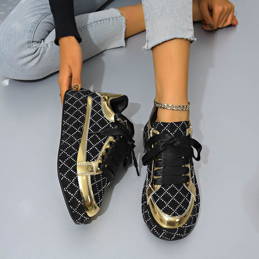 Fashion Rhinestone Flats Shoes Versatile Thick-soled Lace-up Casual Shoes Women's Sneakers - Mubimart