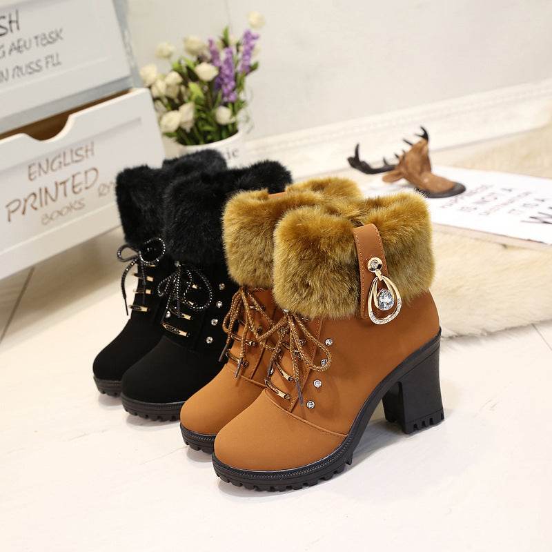 Plush Martin Boots With Lace Up High Heels - Mubimart