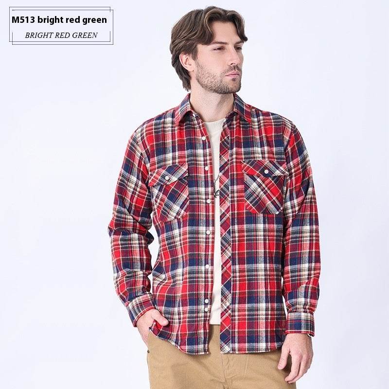 Vintage Flannel Men's Long Sleeve Brushed Plaid Shirt Coat - Mubimart