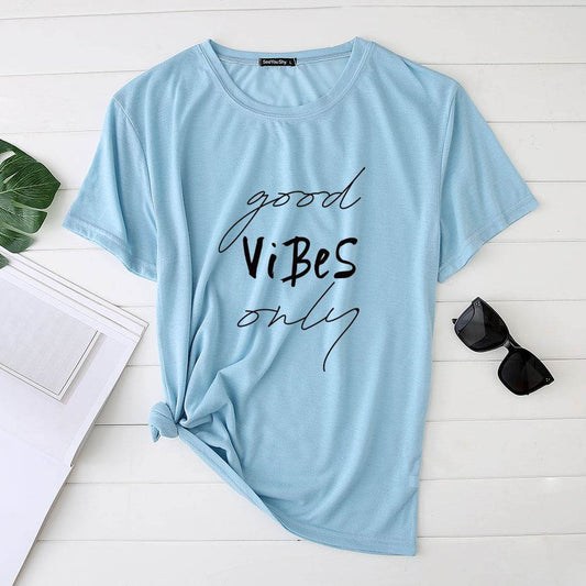 Plus Size Women's Good Vibes Letter Print Funny T-shirt - Mubimart