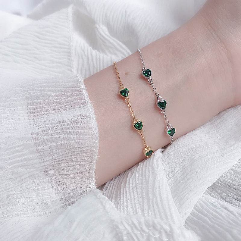 French Retro S925 Sterling Silver Three Lovely Emerald Gemstone Bracelet - Mubimart