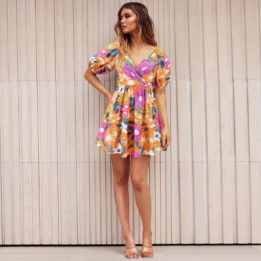 Flowers Print V-Neck Lantern-sleeve Dress Y2K Summer Vacation Beach Short Dresses Fashion Womens Clothing - Mubimart