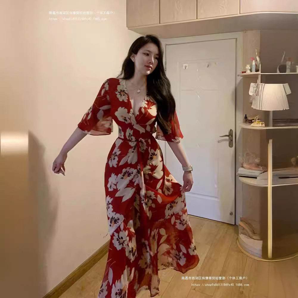 Plus Size Red For Women Printed V-neck Dress - Mubimart