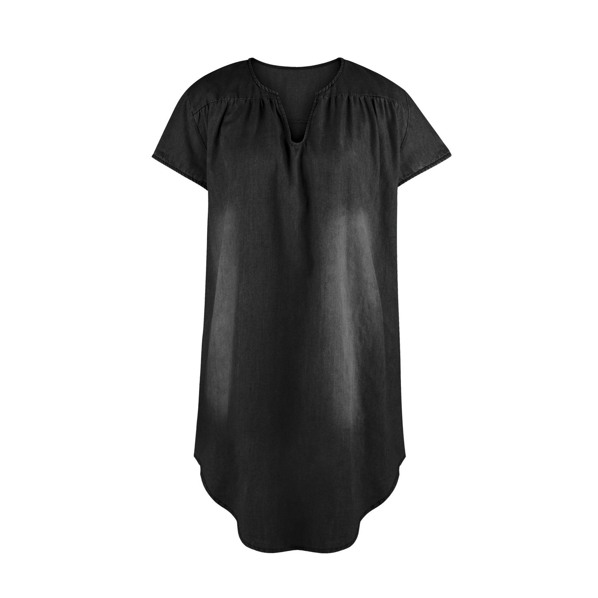 Round Neck Pleated Loose Solid Color Casual Plus Size Denim Dress - Mubimart