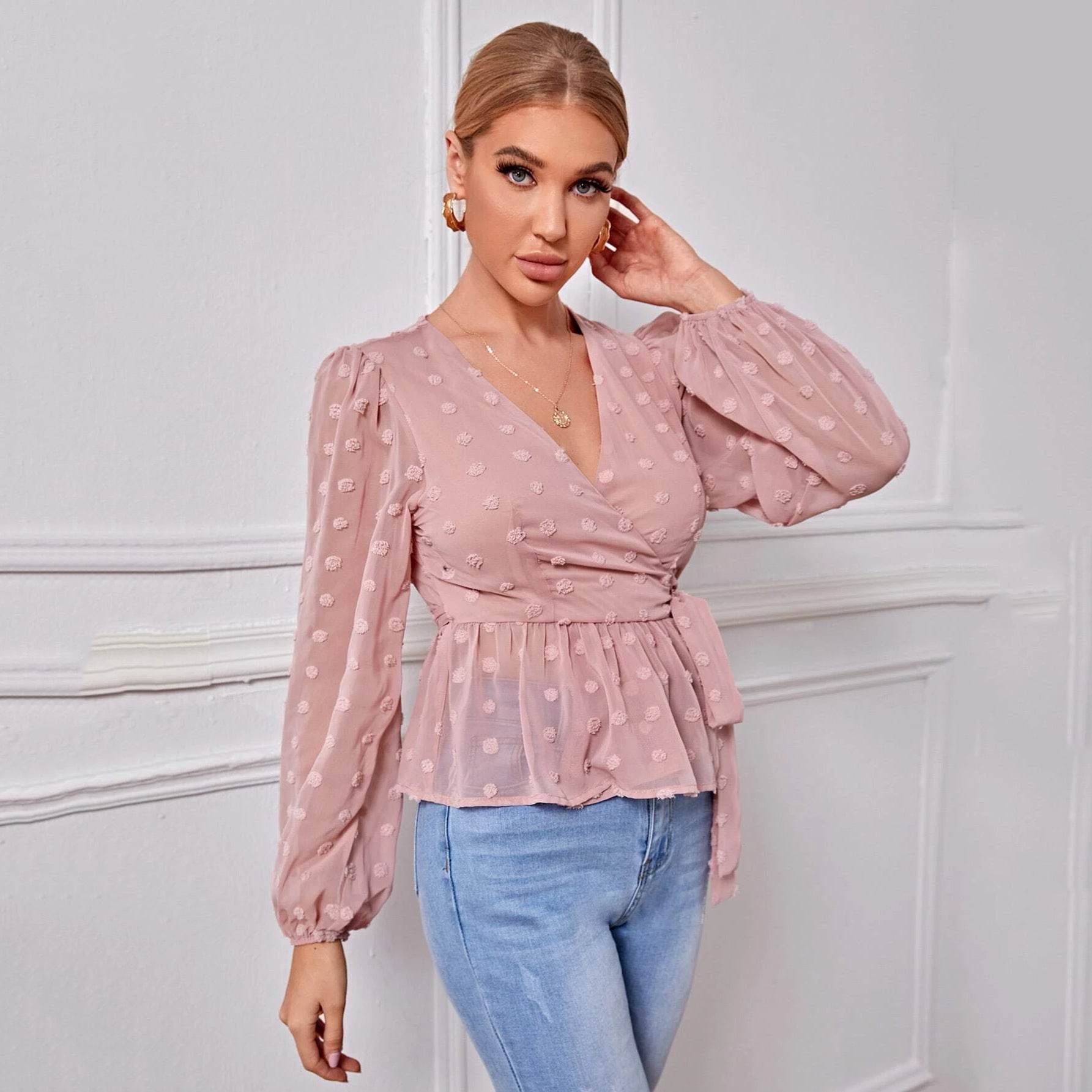V-neck Slim-fit Light Mature Blouse Women - Mubimart