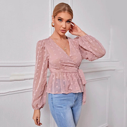 V-neck Slim-fit Light Mature Blouse Women - Mubimart