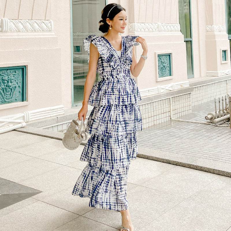 Summer Socialite Elegant V-neck High Waist Heavy Work Tie-dyed Waist Slim Mid-length Cake Dress - Mubimart