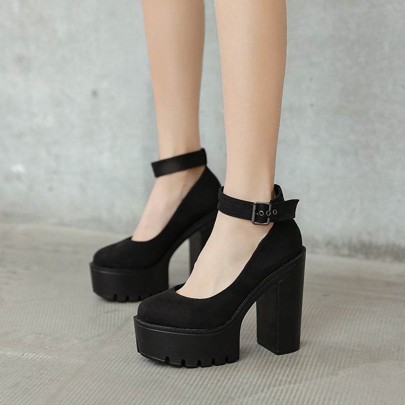 Black Platform Belt Buckle Chunky High Heels - Mubimart
