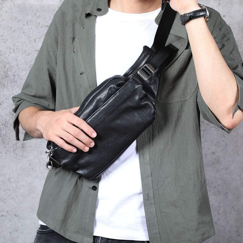 Men's Small Backpack Single Shoulder Cross-body Head Layer Cowhide Fanny Pack - Mubimart