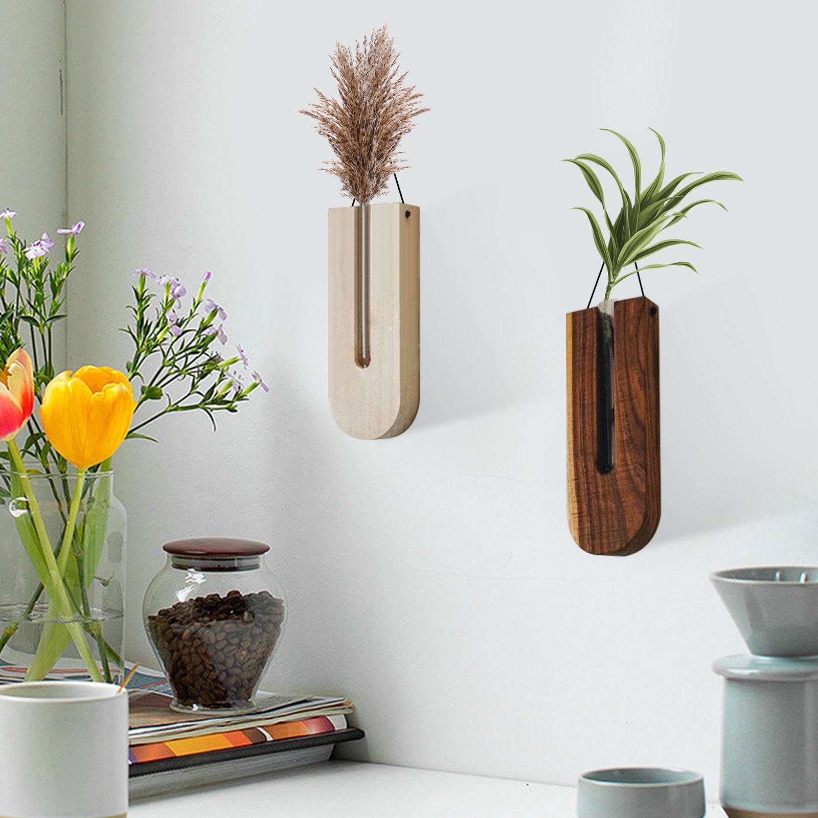 Indoor Wall Hanging Planter Wooden Vase - Mubimart