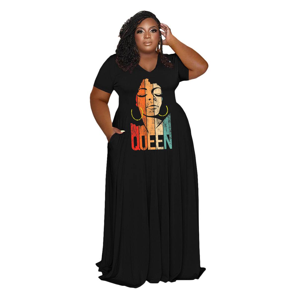 Women's Fashion Casual V-neck Plus Size Dress - Mubimart
