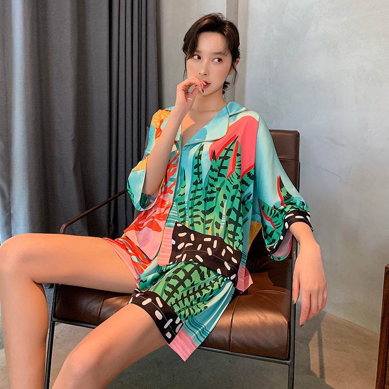 New Nightwear Women's Plant Print Pearl Button Silk Thin Style - Mubimart