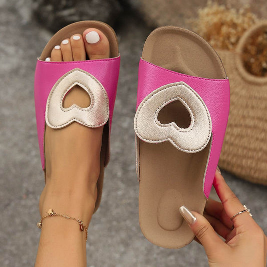 New Hollow Love Sandals With Heart-shape Design Fashion Summer Flat Slides Shoes Casual Vacation Beach Slippers For Women - Mubimart