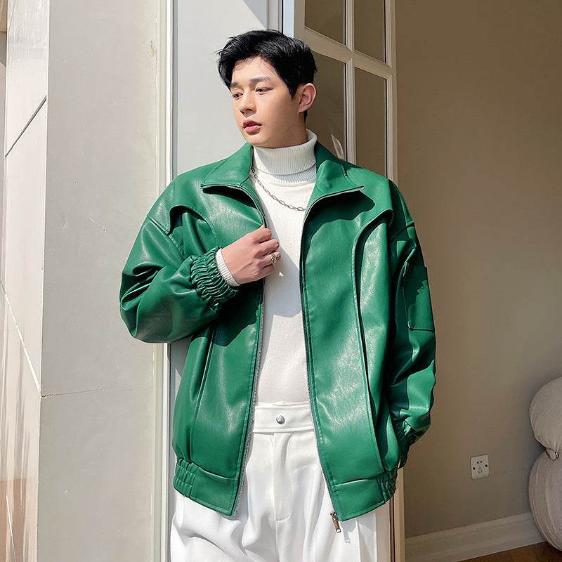 Mens Fashion Lapel Short Biker Leather Jacket - Mubimart