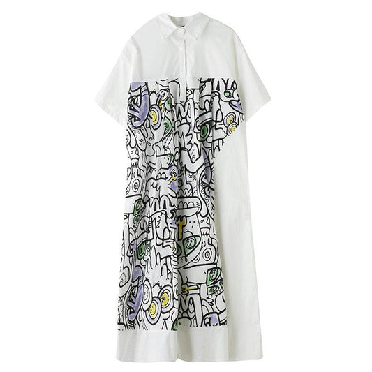 Plus Size Loose Fashion Short Sleeve Printed Mid Length Shirt Dress - Mubimart